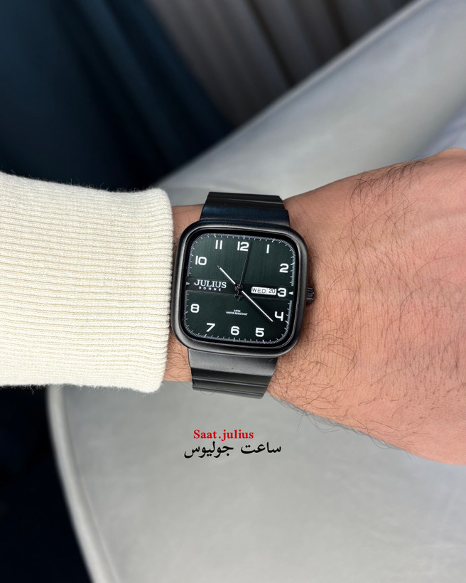 ساعت مچی جولیوس مردانه چهارگوش صفحه سبز و قاب و بند مشکی با موتور ژاپن