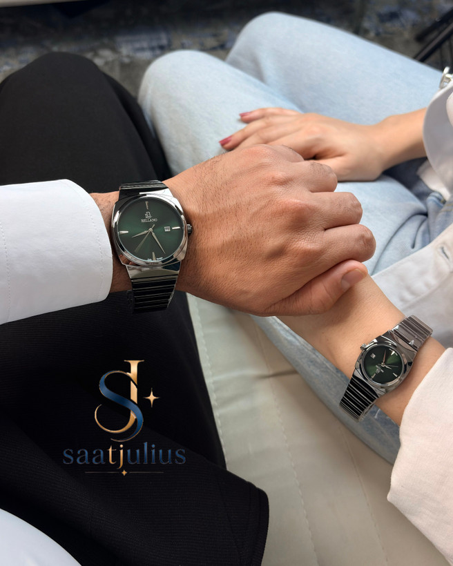 ساعت ست عروس و داماد فلزی بلانو رنگ طوسی و صفحه سبز با موتور ژاپن