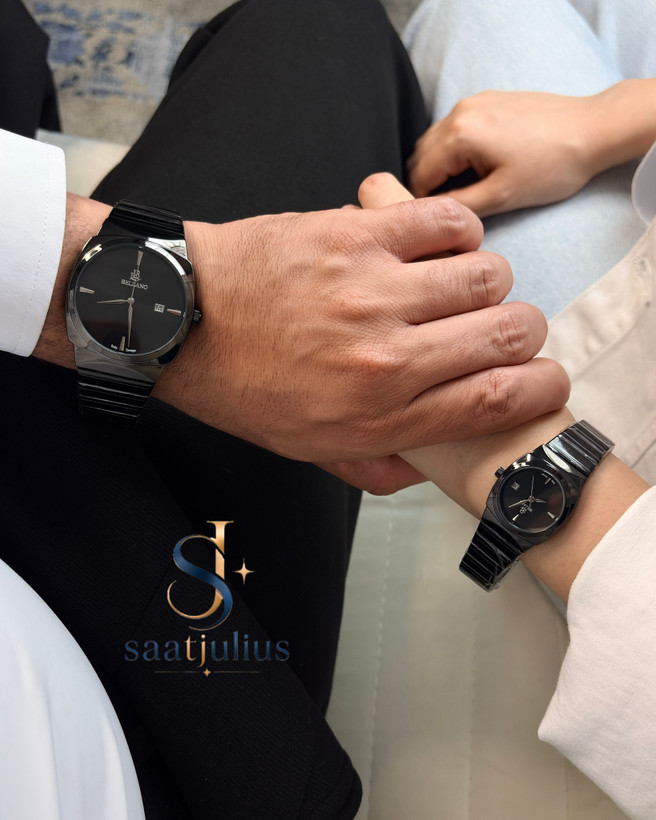ساعت مچی ست عروس و داماد فلزی بلانو رنگ مشکی با صفحه مشکی موتور ژاپن